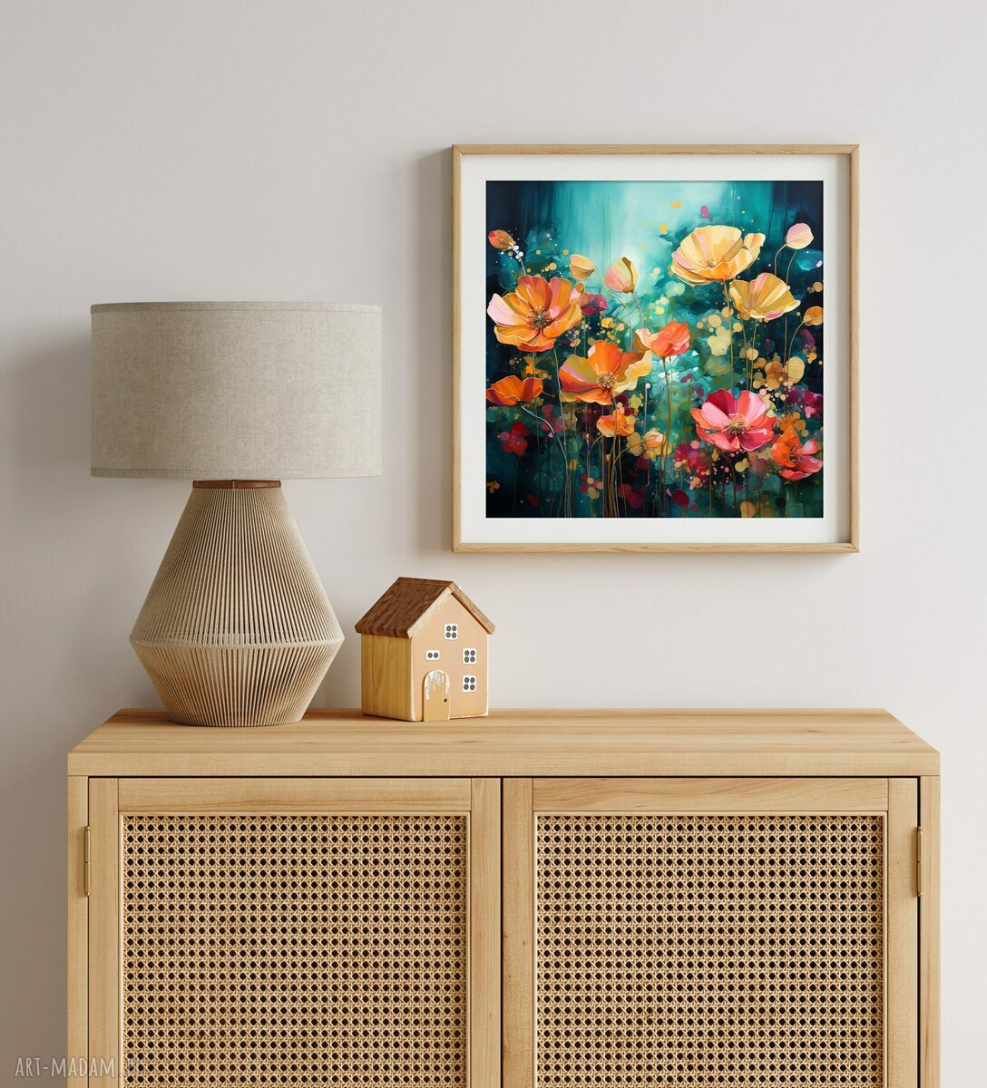 Zielony obraz z kolorowymi kwiatami 50x50 cm - abstrakcyjna łąka kwietna (wydruk artystyczny)