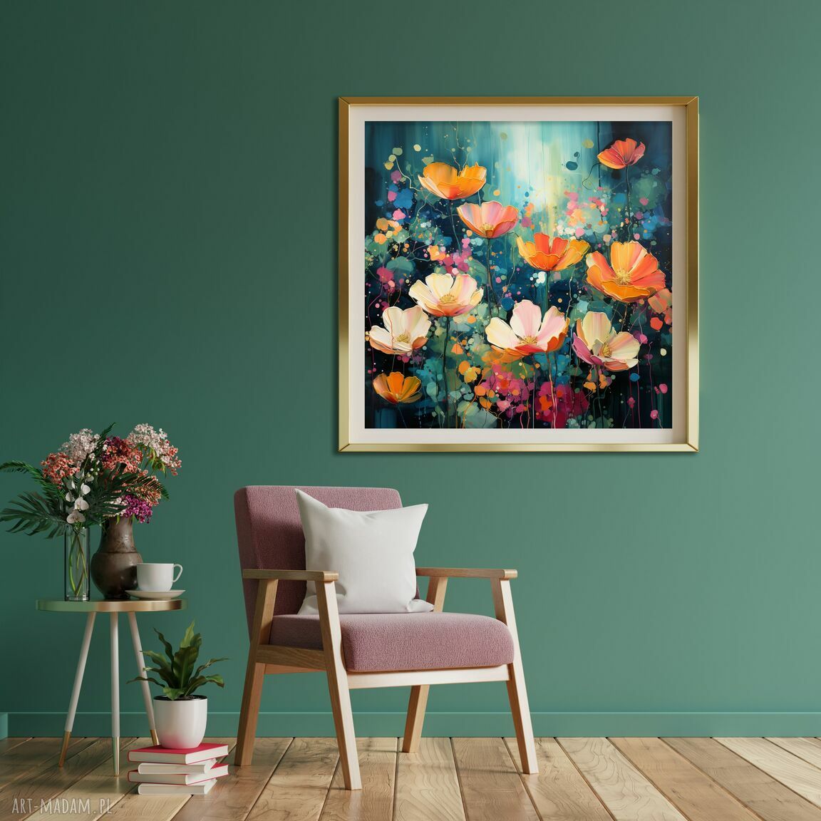 Zielony obraz „abstrakcyjna łąka kwietna” - kolorowy wydruk na płótnie 50x50 cm