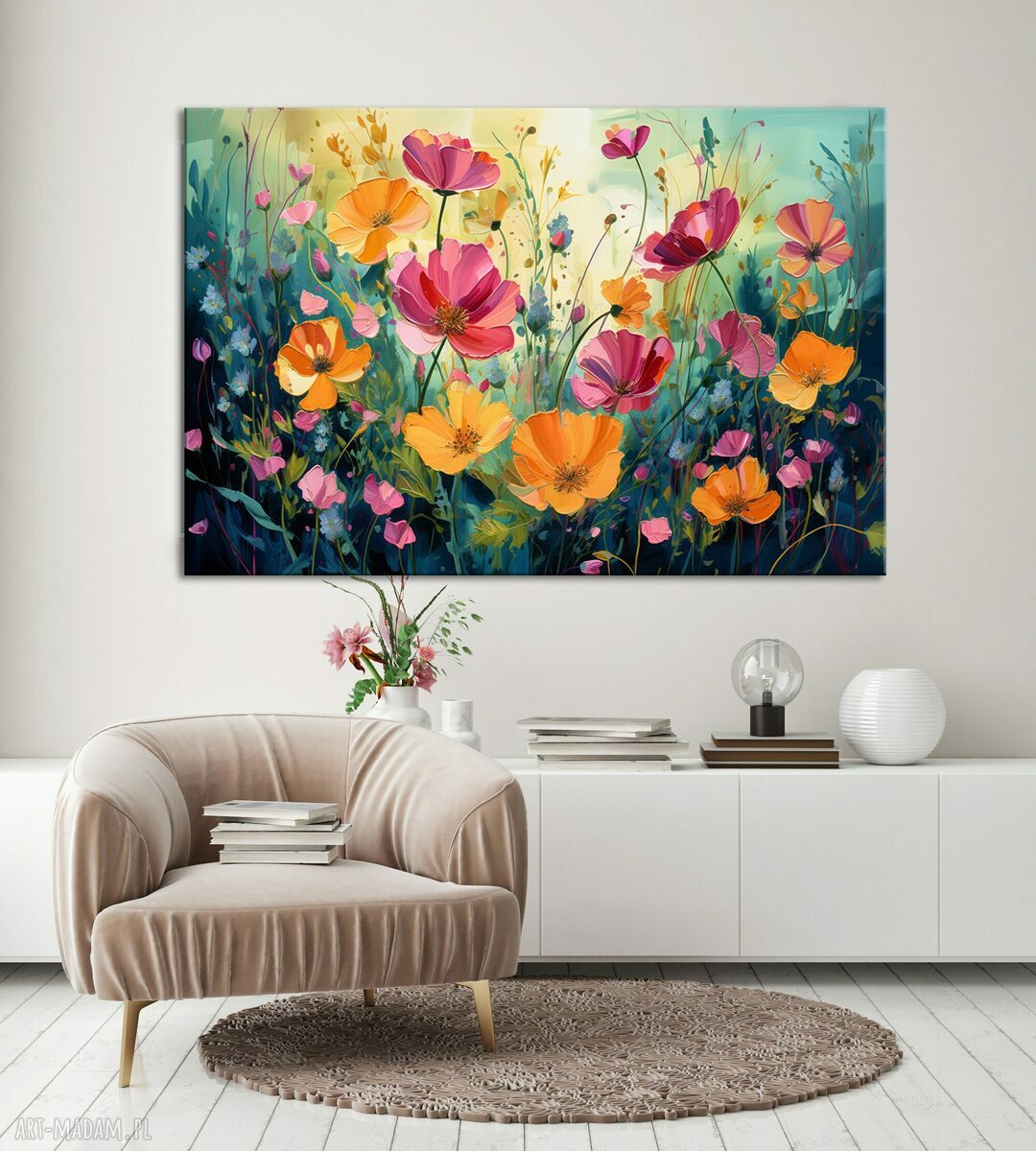 Zielony obraz łąka kwietna z kwiatami do salonu - wydruk na płótnie 90x60 cm