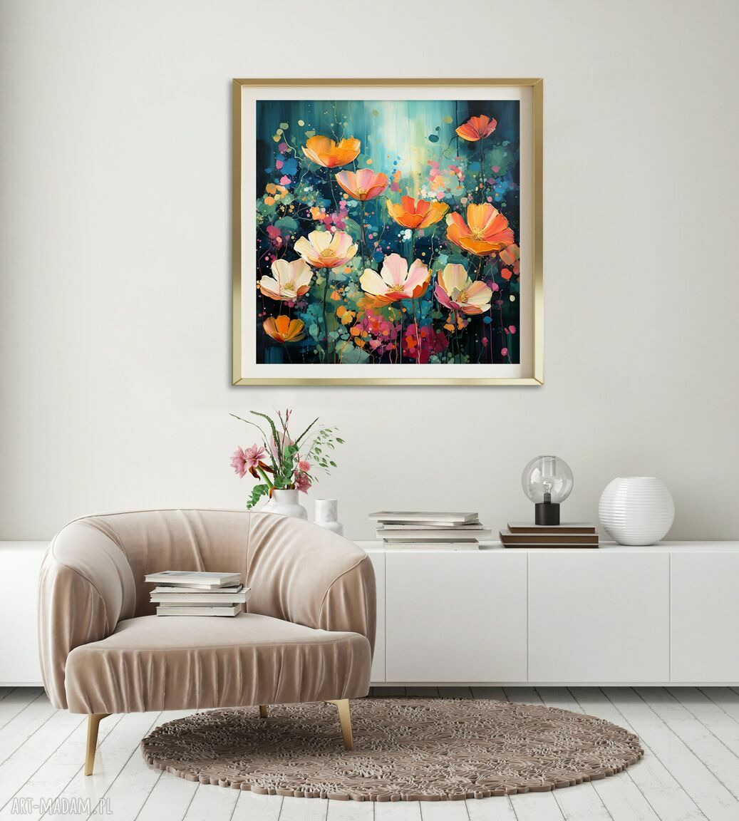 Zielony obraz „abstrakcyjna łąka kwietna” - kolorowy wydruk na płótnie 50x50 cm