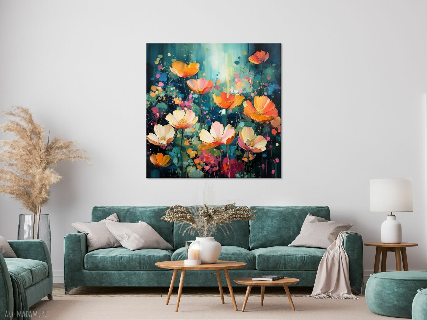 Zielony obraz „abstrakcyjna łąka kwietna” - kolorowy wydruk na płótnie 50x50 cm