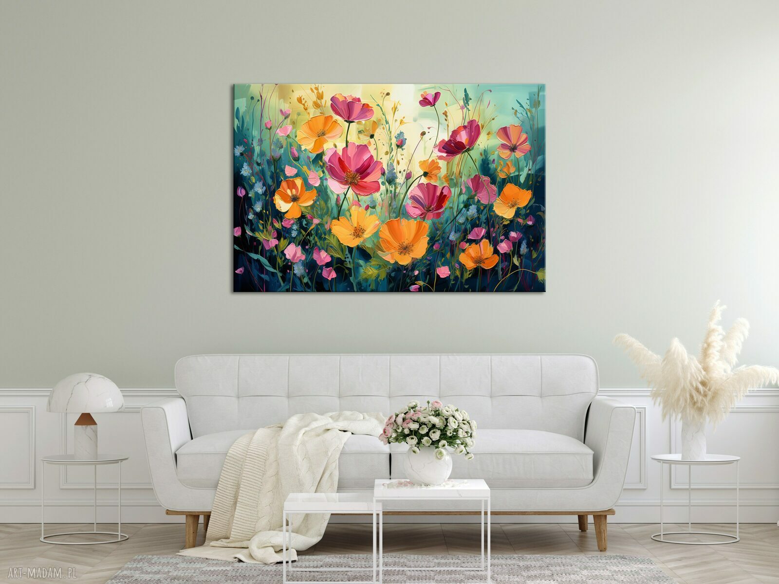 Zielony obraz łąka kwietna z kwiatami do salonu - wydruk na płótnie 90x60 cm