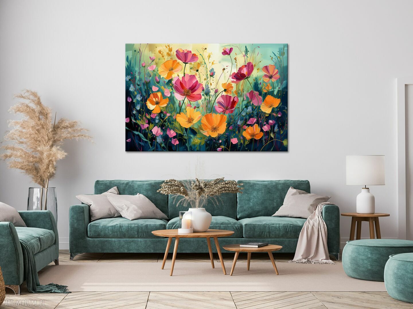 Zielony obraz łąka kwietna z kwiatami do salonu - wydruk na płótnie 90x60 cm