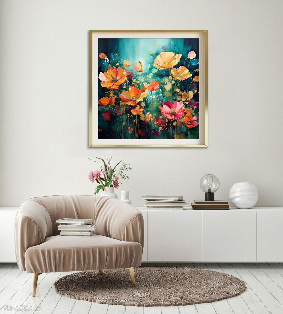 Zielony obraz z kolorowymi kwiatami 50x50 cm - abstrakcyjna łąka kwietna (wydruk artystyczny)