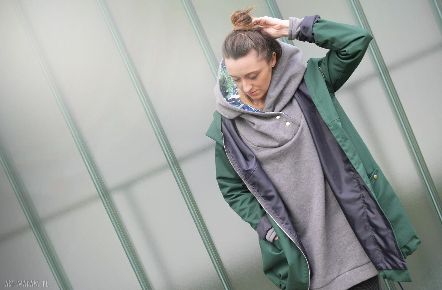 Zielony ocieplany zimowy płaszcz oversize - rozmiar M