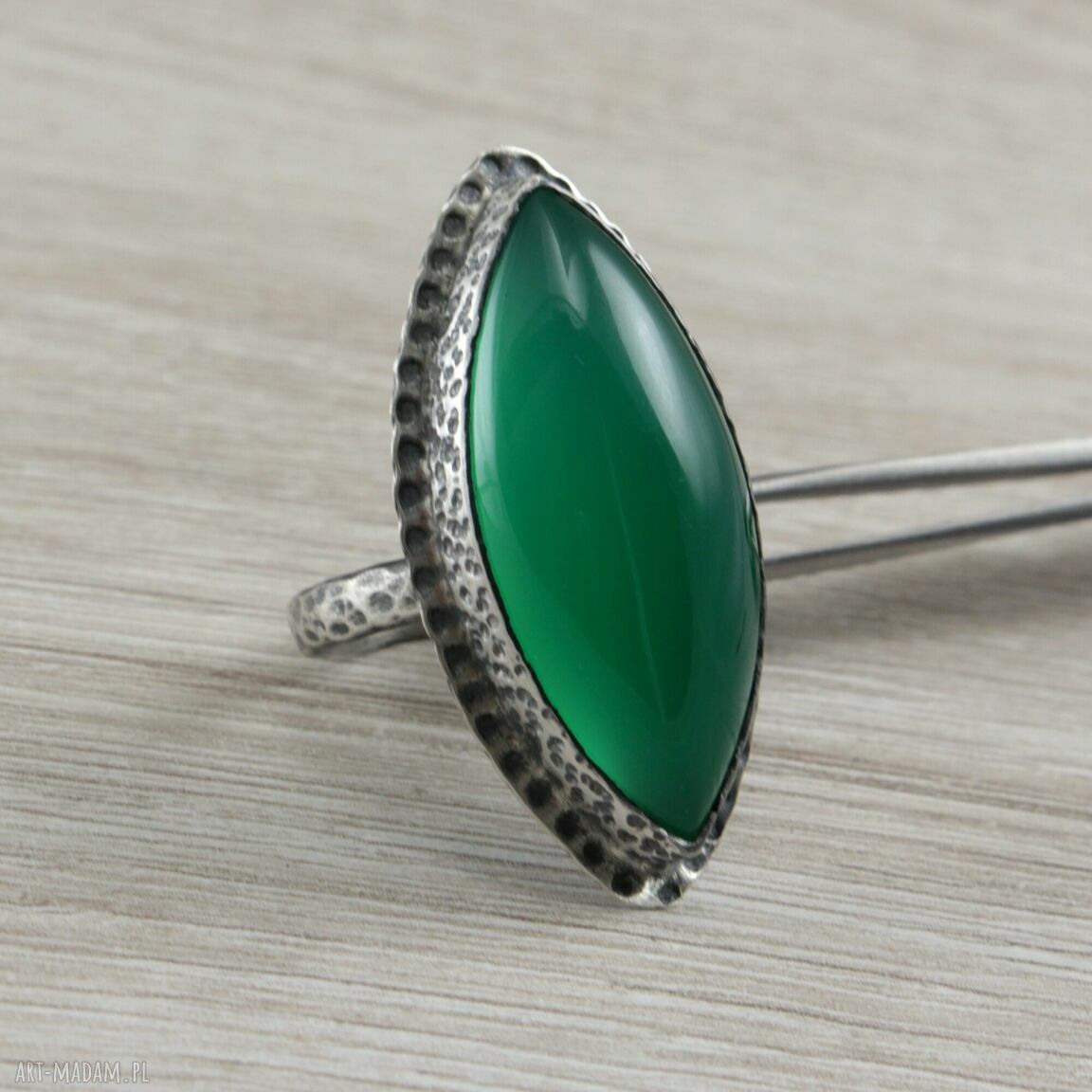 Zielony chalcedon w srebrze 925 i 999 - pierścionek ręcznie robiony r. 16,5
