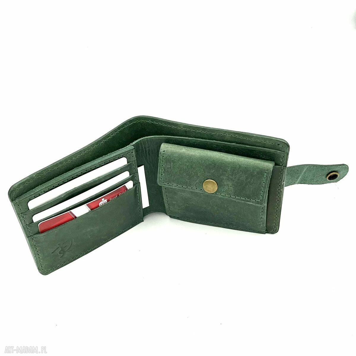 portfele: Zielony portfel uszyty ze skóry na bilon i karty. Ręcznie wykonane