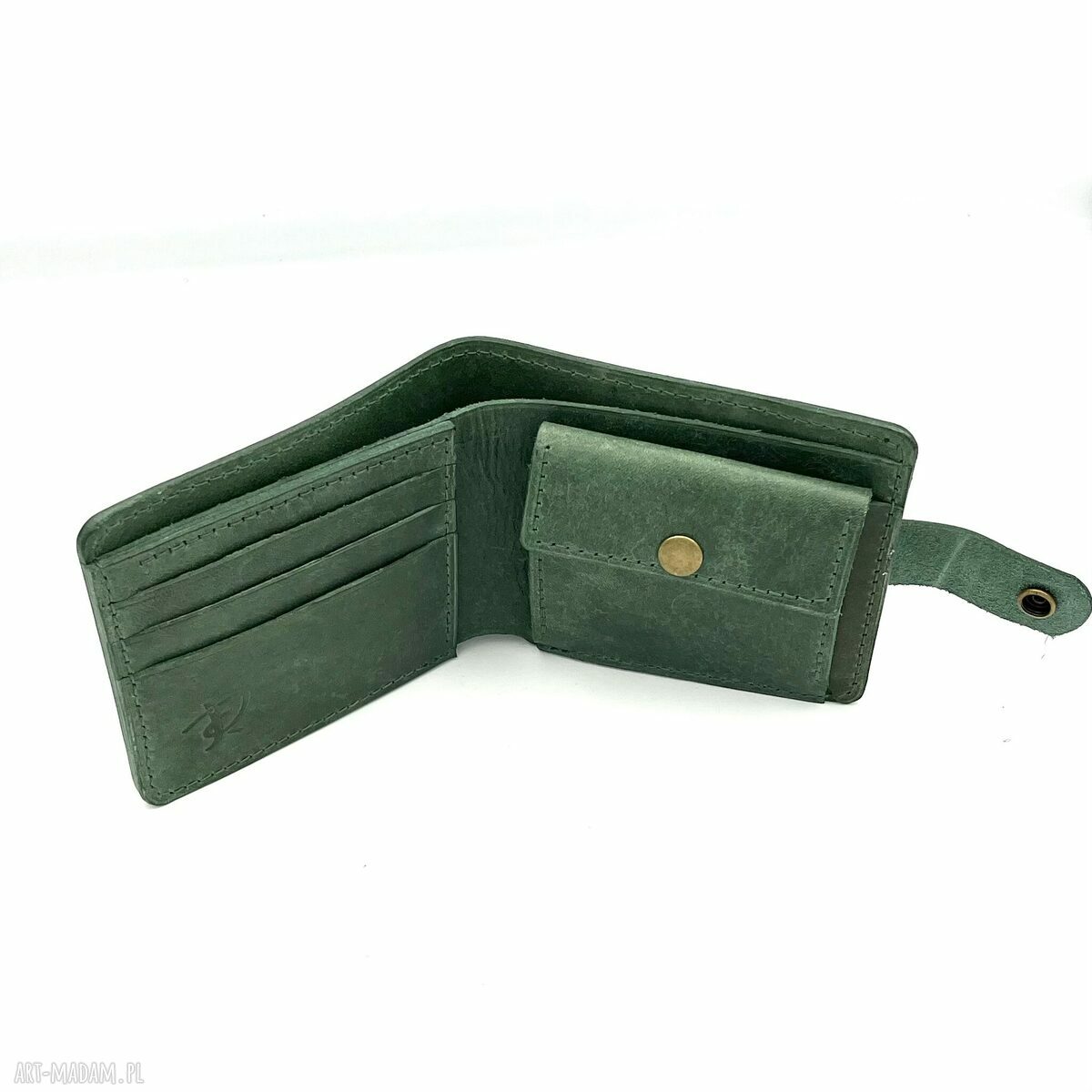 portfele: Zielony portfel uszyty ze skóry na bilon i karty. Ręcznie wykonane