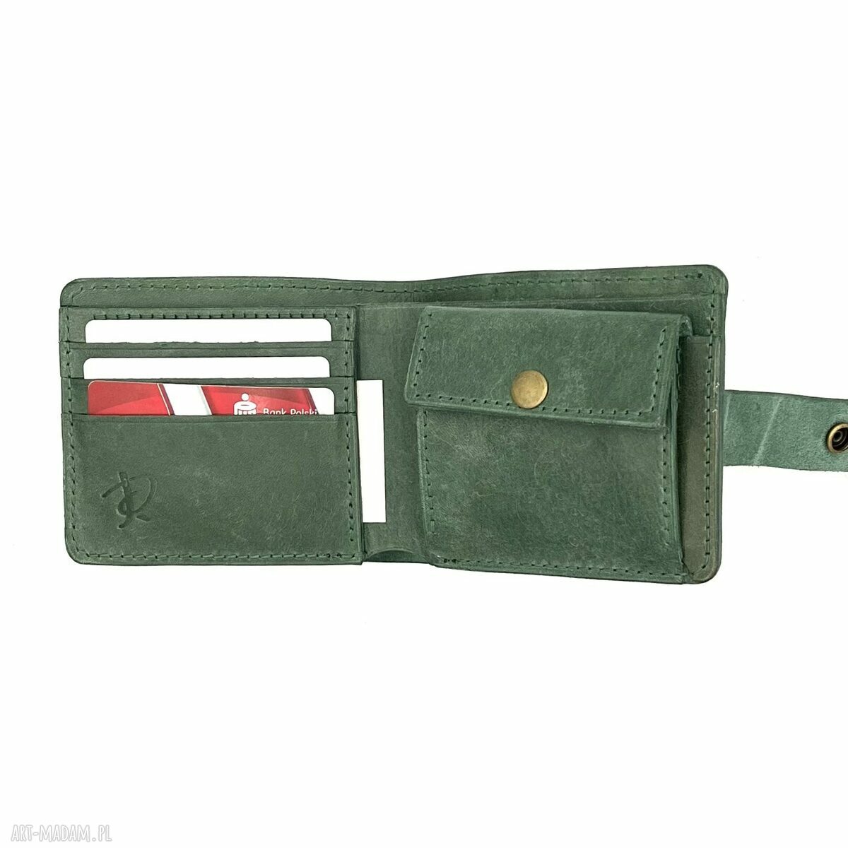 portfele: Zielony portfel uszyty ze skóry na bilon i karty. Ręcznie wykonane