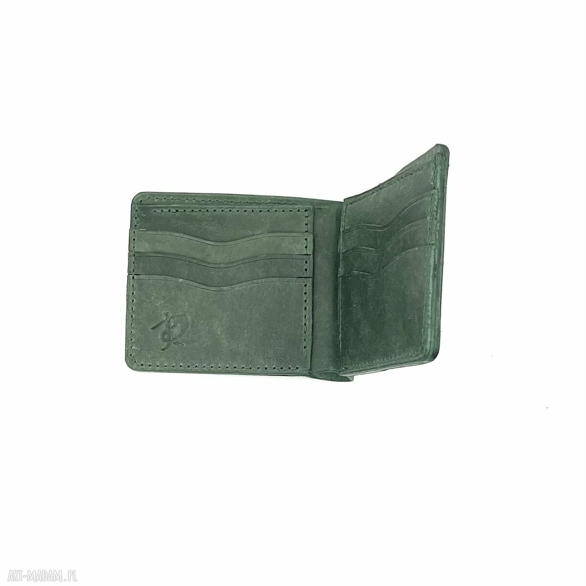 portfele: Zielony portfel skórzany ręcznie uszyty na karty. Ręczne wykonanie
