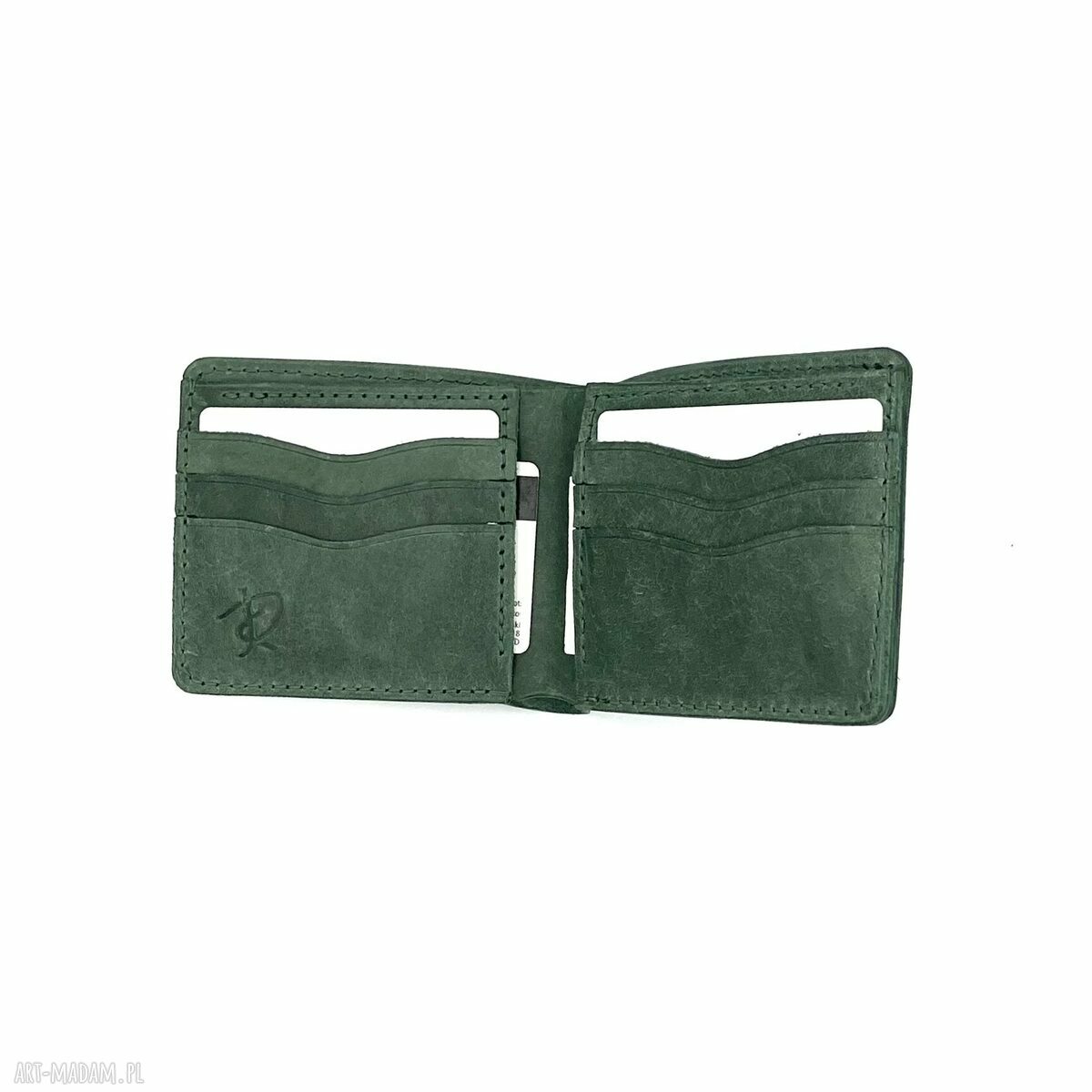 portfele: Zielony portfel skórzany ręcznie uszyty na karty. Ręczne wykonanie