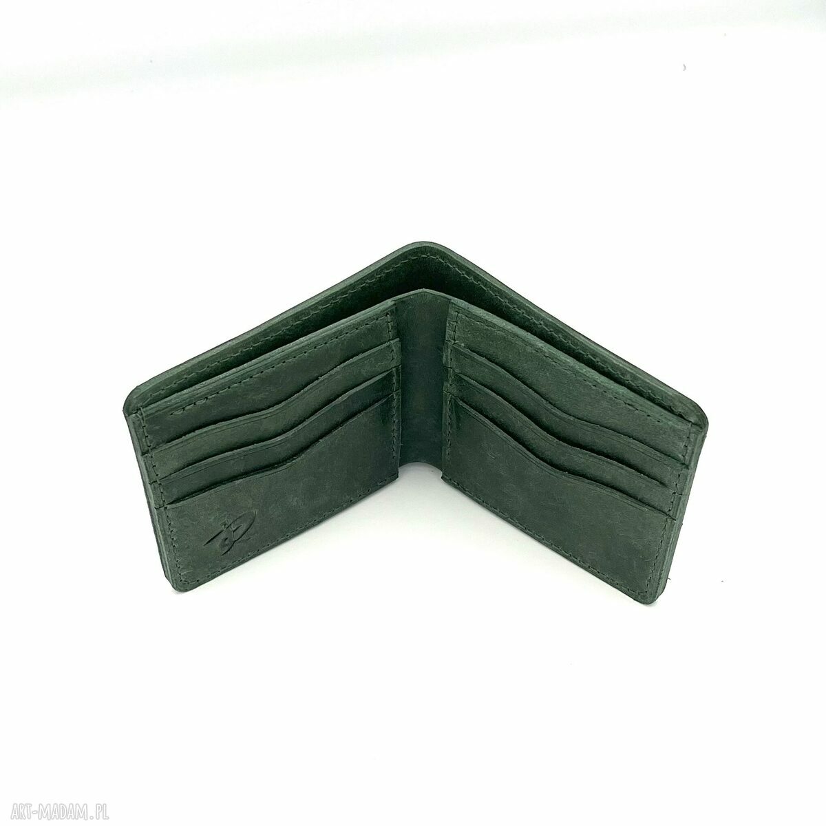 portfele: Zielony portfel skórzany ręcznie uszyty na karty. Ręczne wykonanie
