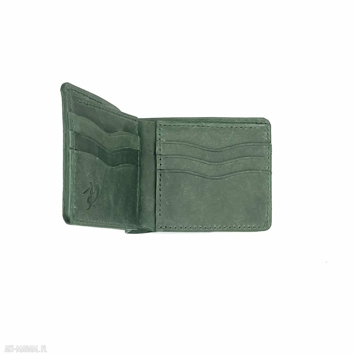 portfele: Zielony portfel skórzany ręcznie uszyty na karty. Ręczne wykonanie
