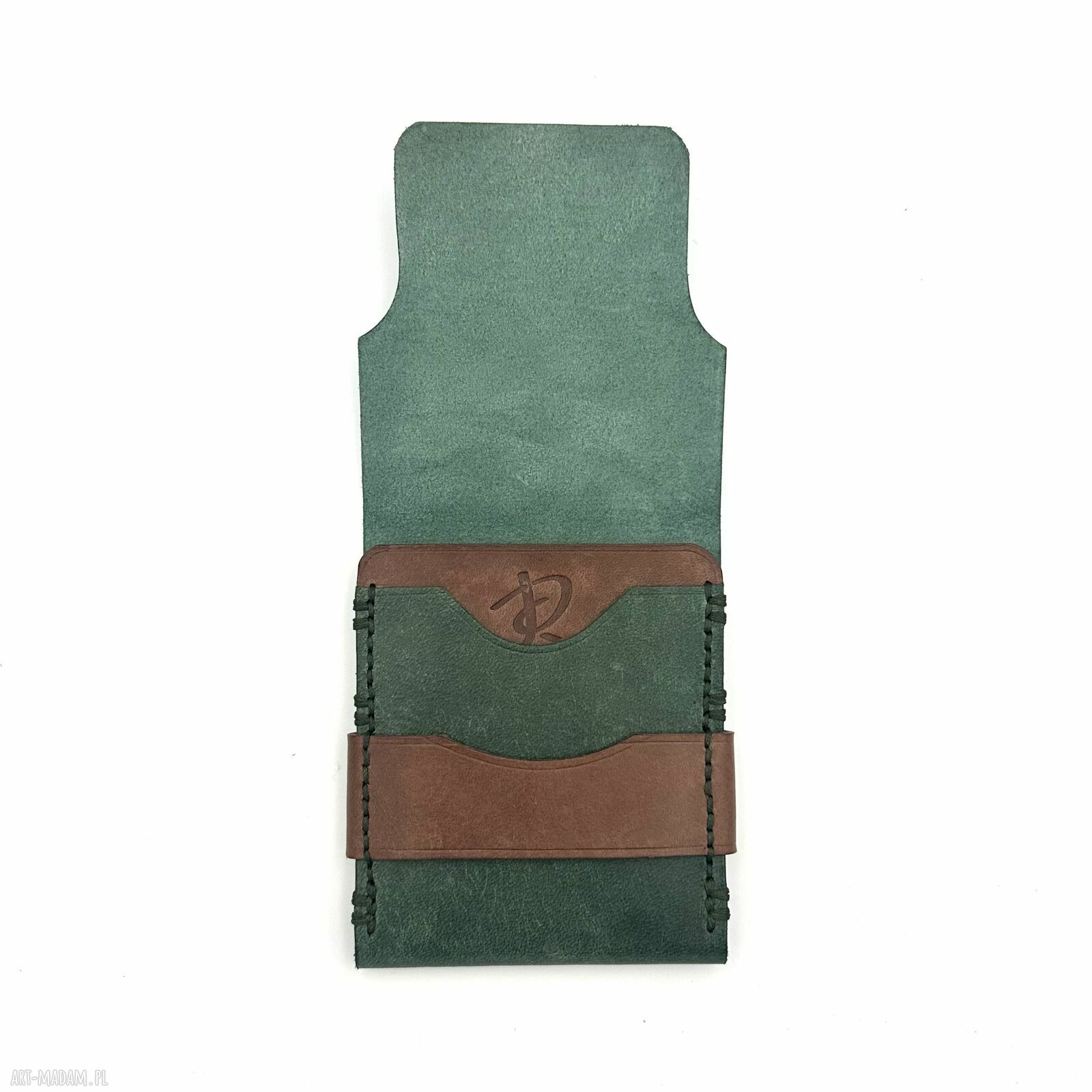 portfele: Zielony portfel z dodatkiem brązu skórzany na karty ręcznie uszyty. Hand
