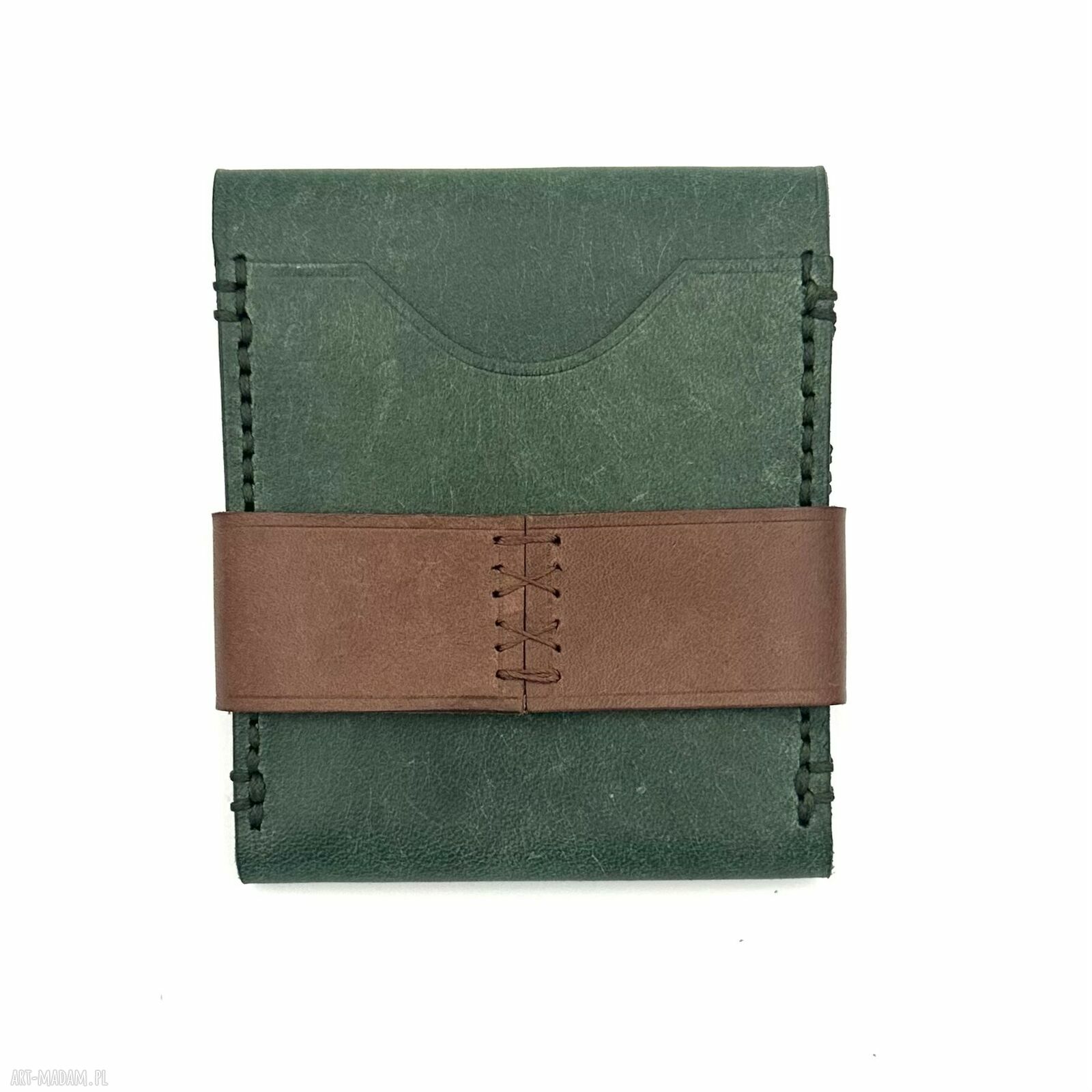 portfele: Zielony portfel z dodatkiem brązu skórzany na karty ręcznie uszyty. Hand
