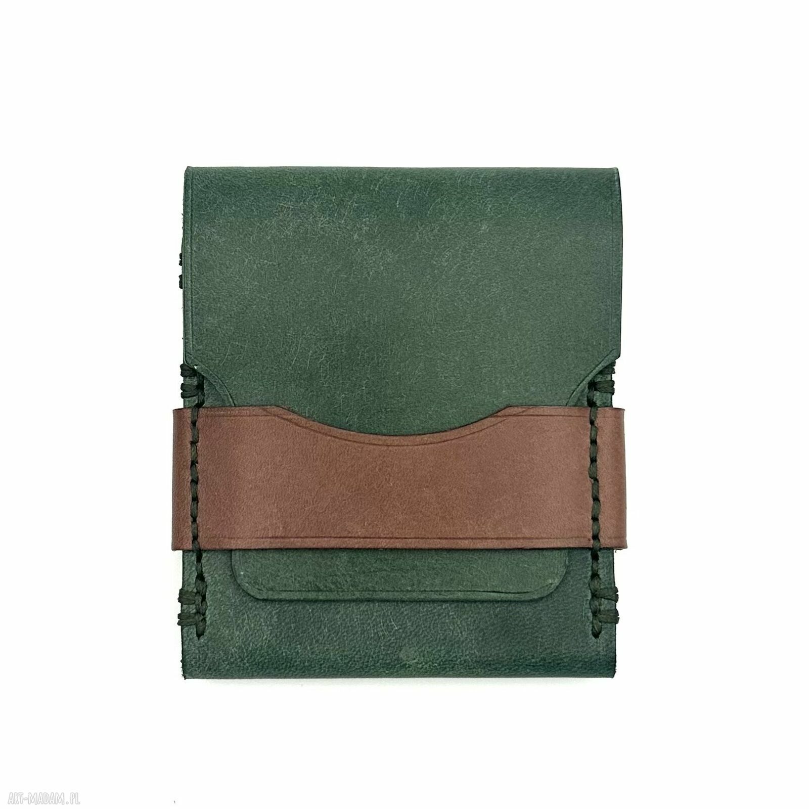 portfele: Zielony portfel z dodatkiem brązu skórzany na karty ręcznie uszyty. Hand