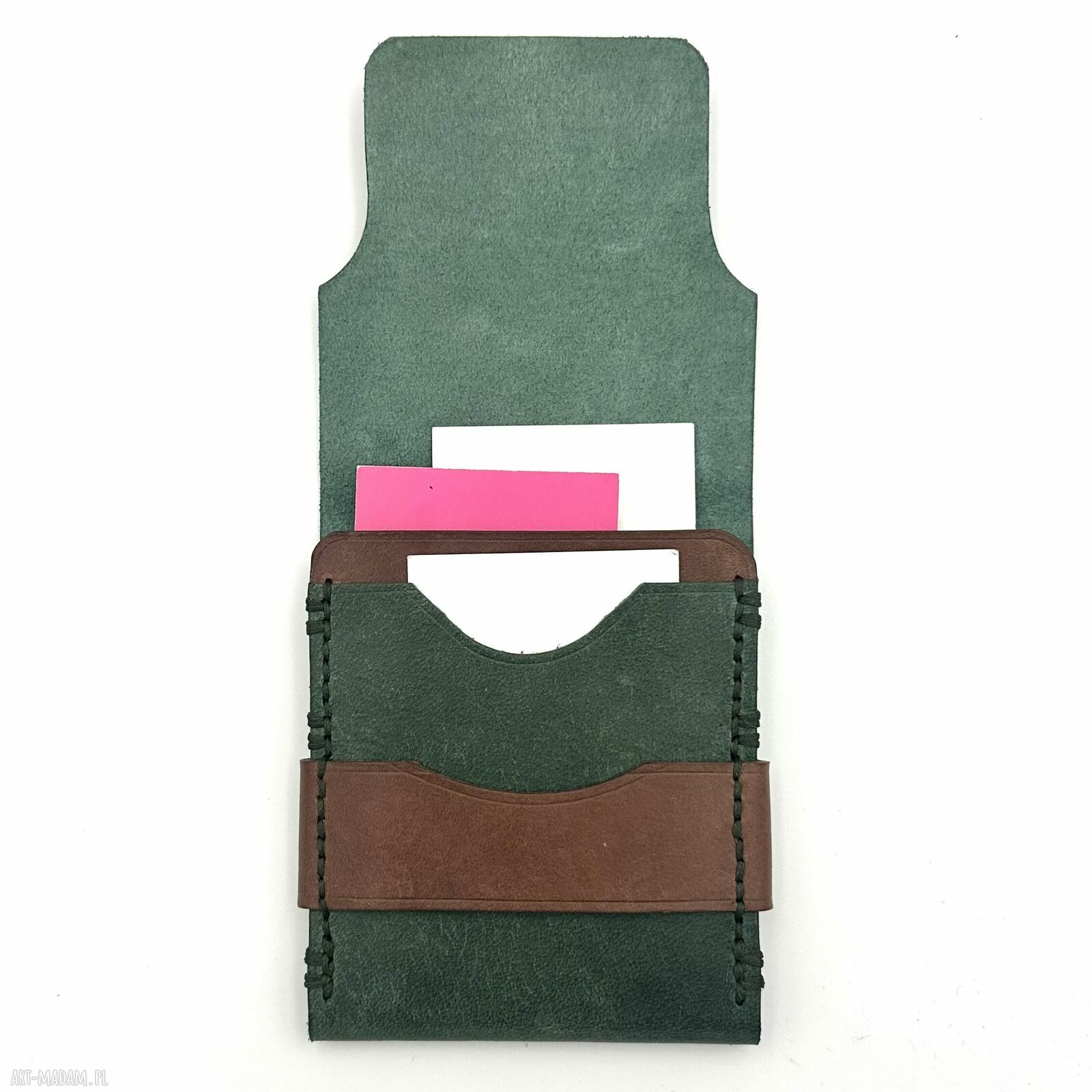 portfele: Zielony portfel z dodatkiem brązu skórzany na karty ręcznie uszyty. Hand