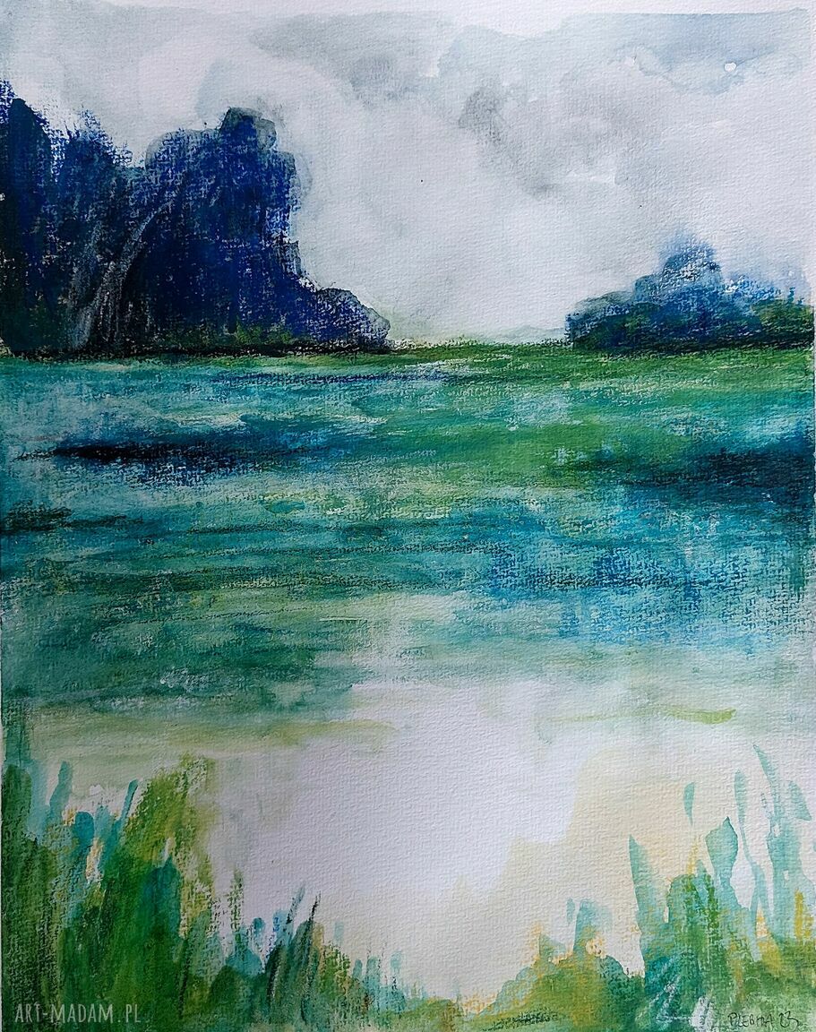 Zielony pejzaż - akwarela i pastele na papierze 24/32 cm