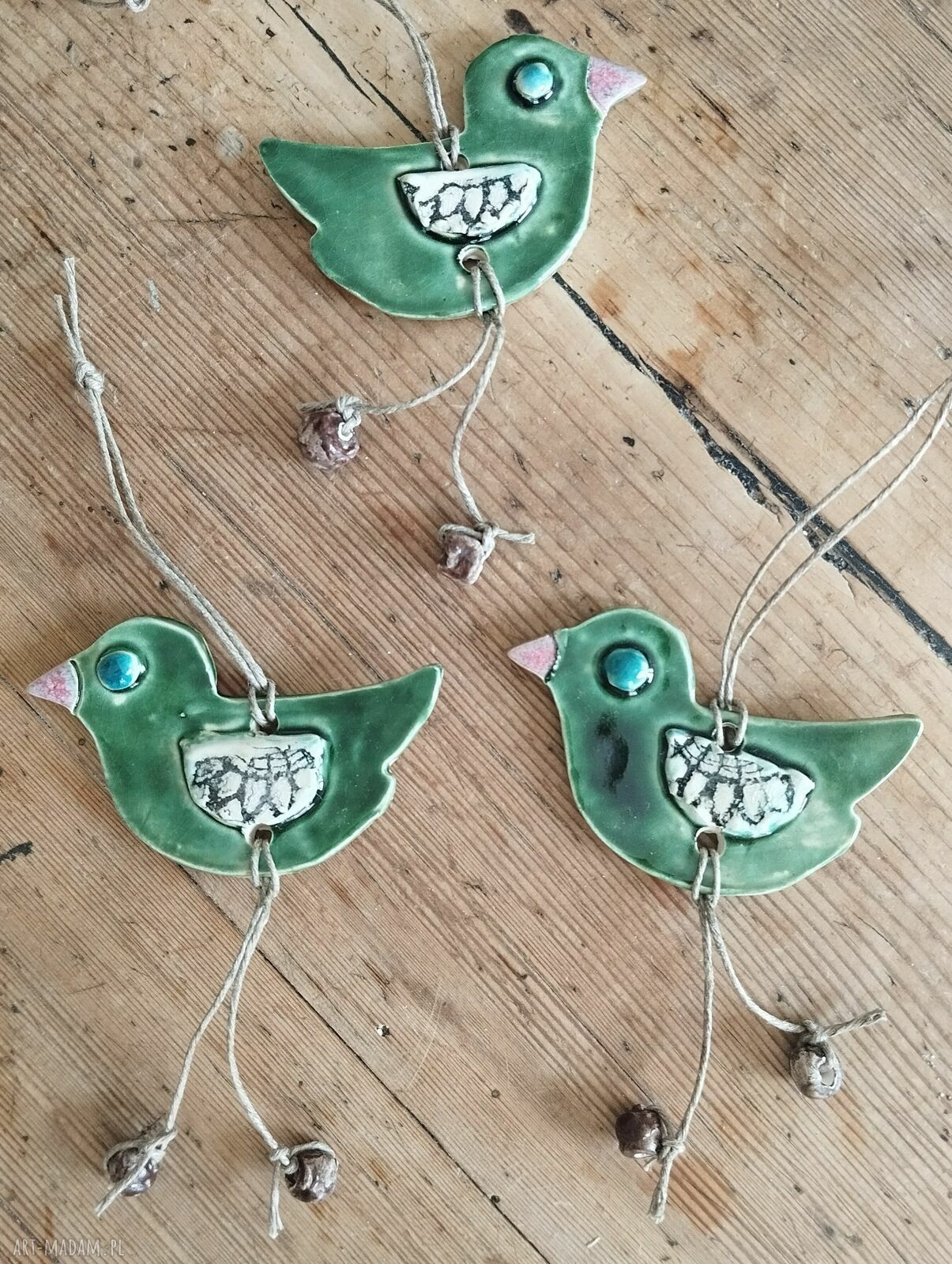 Zestaw zielonych ptaszków ceramicznych - zawieszka