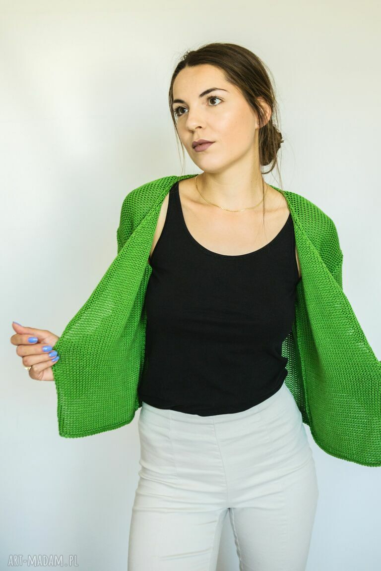 Zielony rozpinany sweter Hermina - krótki kardigan damski handmade