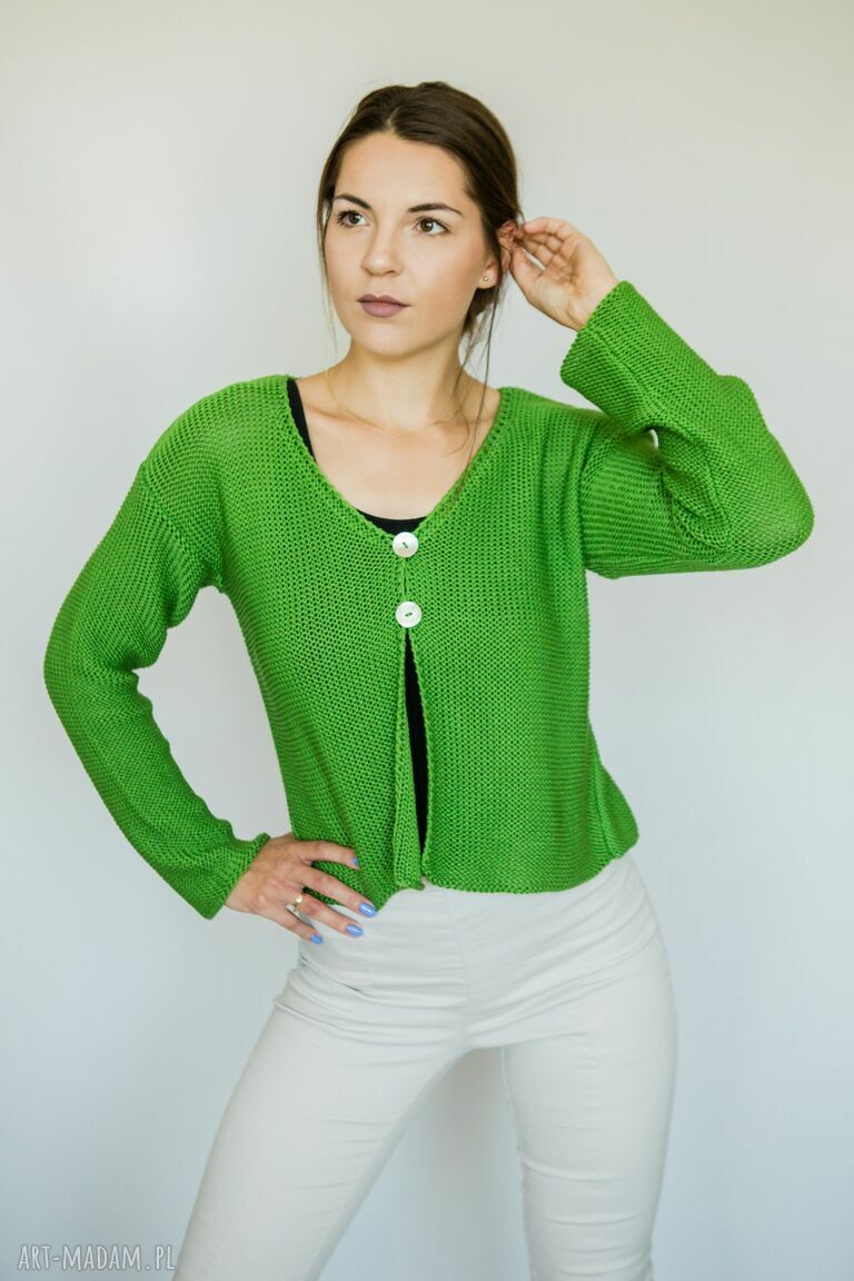 Zielony rozpinany sweter Hermina - krótki kardigan damski handmade