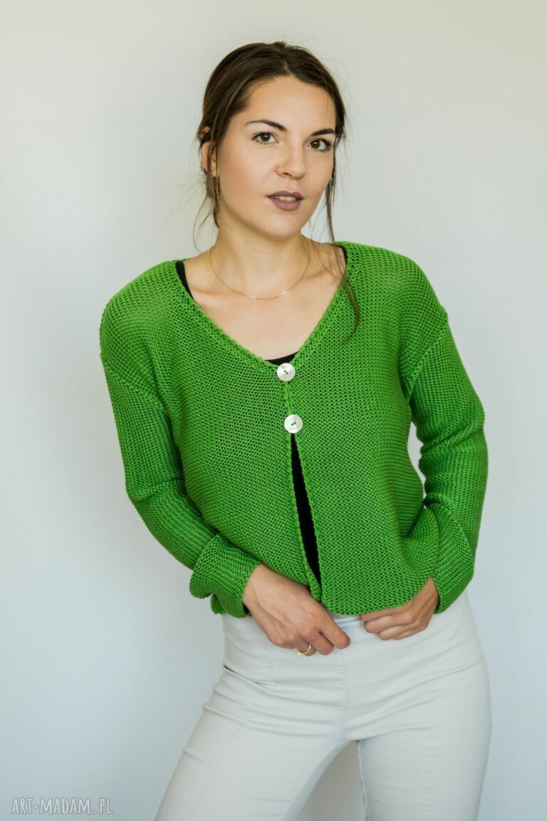 Zielony rozpinany sweter Hermina - krótki kardigan damski handmade