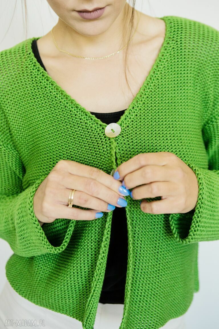 Zielony rozpinany sweter Hermina - krótki kardigan damski handmade