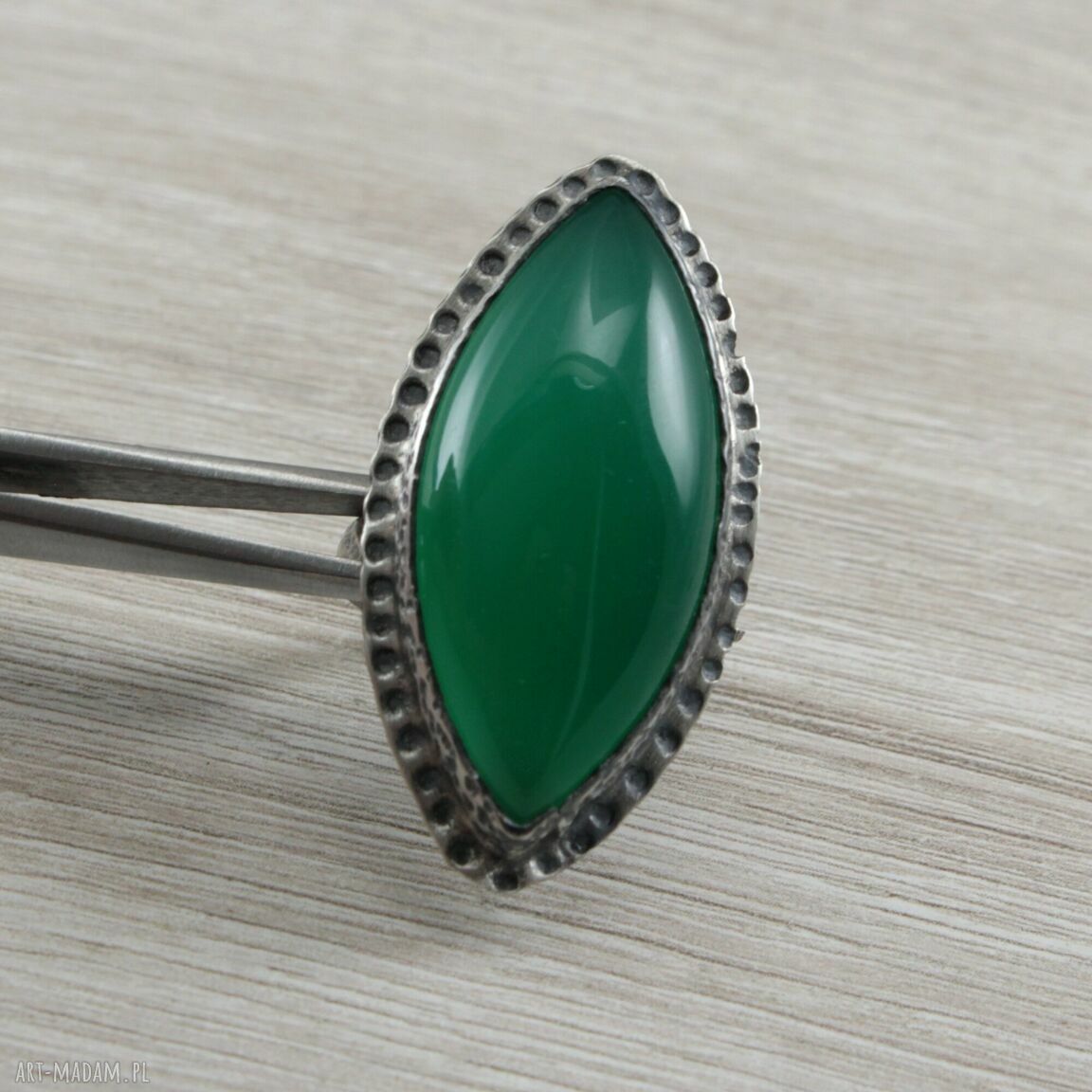 Zielony chalcedon w srebrze 925 i 999 - pierścionek ręcznie robiony r. 16,5