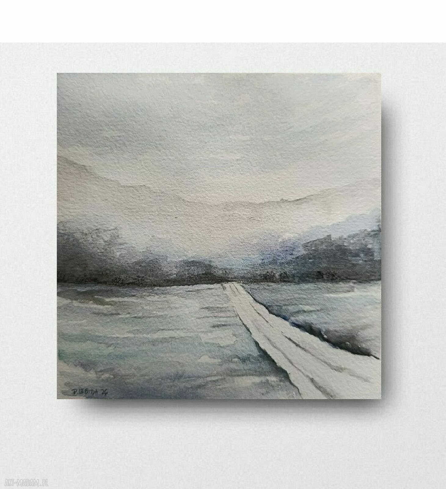 Zimowy pejzaż - sygnowana akwarela 15 x 15 cm