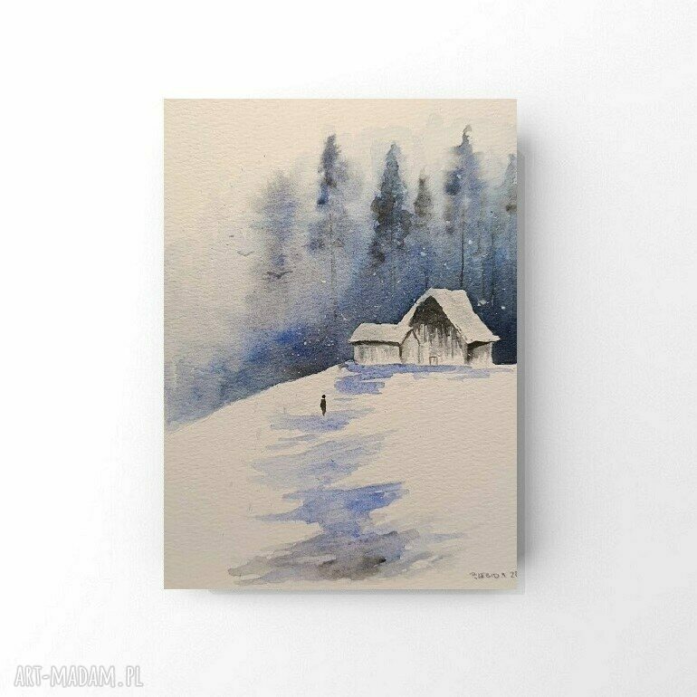 ZIMA - akwarela formatu A5, oryginalny obraz handmade