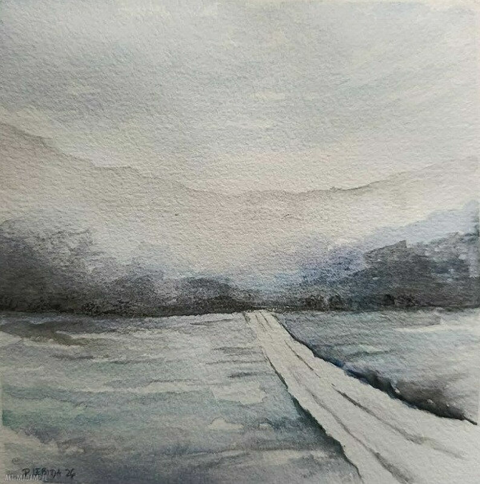 Zimowy pejzaż - sygnowana akwarela 15 x 15 cm