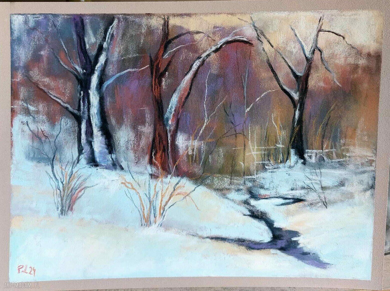 ZIMA - obraz w pastelach suchych 18x24 cm (fiolet, biel, brąz)