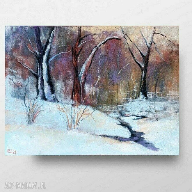 ZIMA - obraz w pastelach suchych 18x24 cm fiolet, biel, brąz
