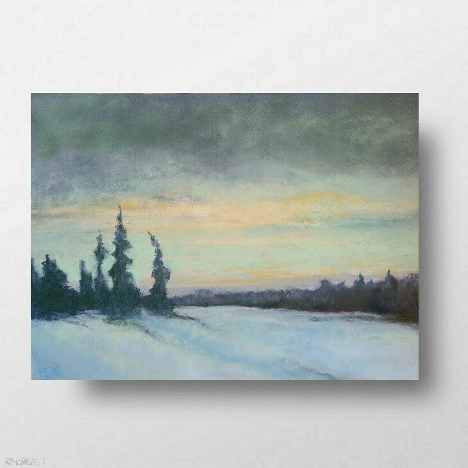 ZIMA - obraz formatu 18x24 cm z rysunkiem drzew, pastele suche