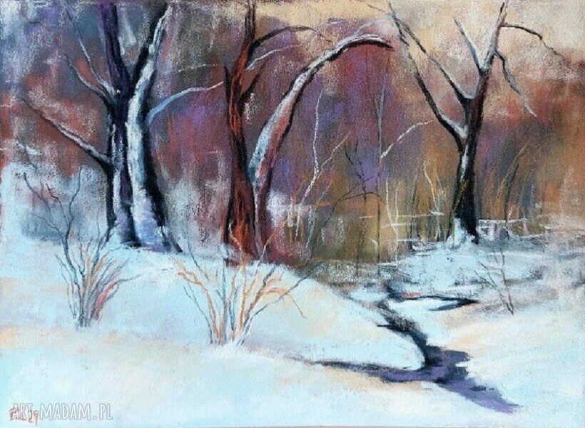 ZIMA - obraz w pastelach suchych 18x24 cm (fiolet, biel, brąz)