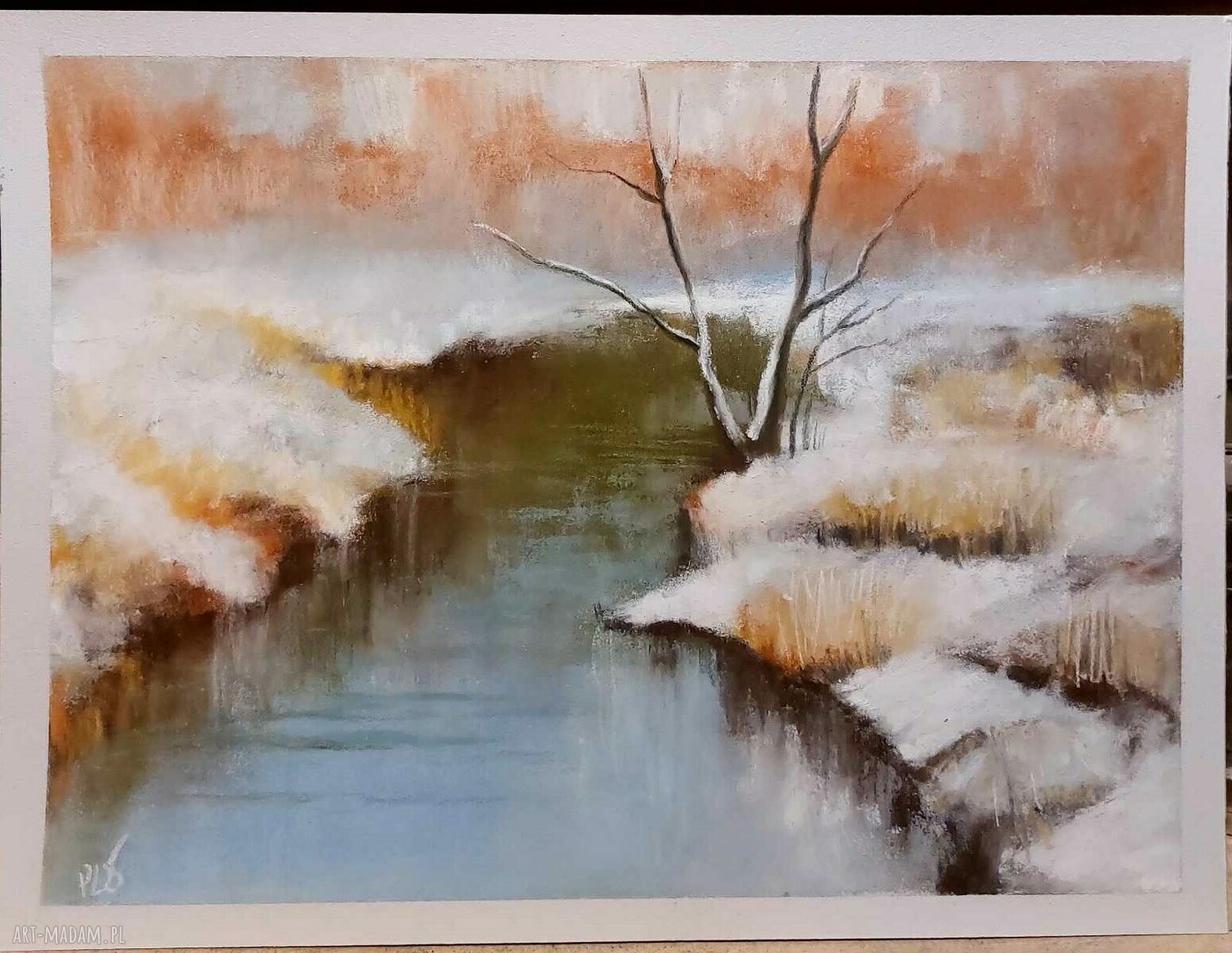 Zimowy obraz z pasteli suchych 18x24 cm - ręcznie robiony