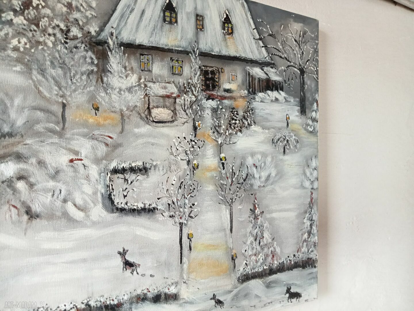 Zima w górach - obraz akrylowy ręcznie malowany 40x40x2 cm