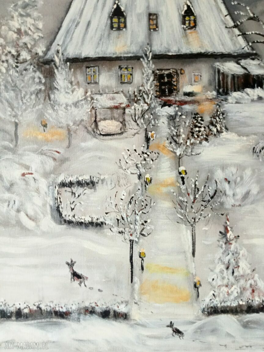 Zima w górach - obraz akrylowy ręcznie malowany 40x40x2 cm