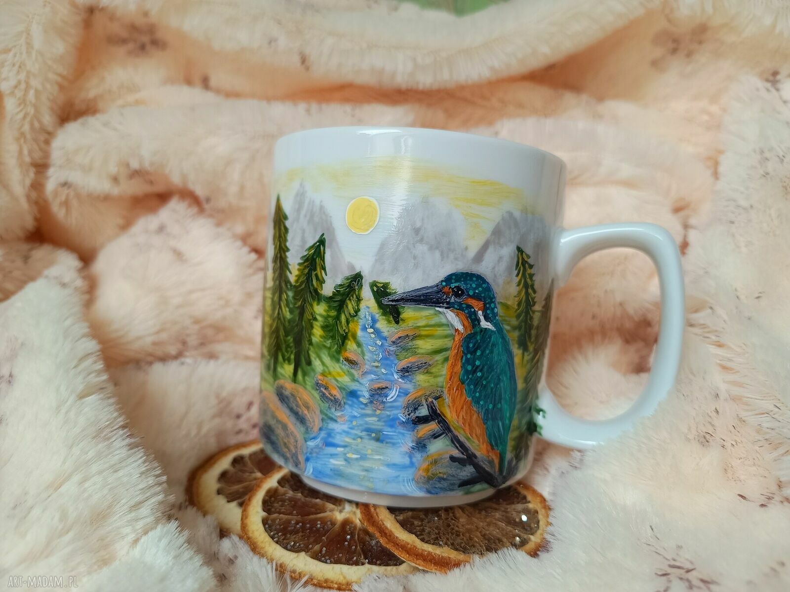 Ręcznie malowany porcelanowy kubek z zimorodkiem - 270 ml