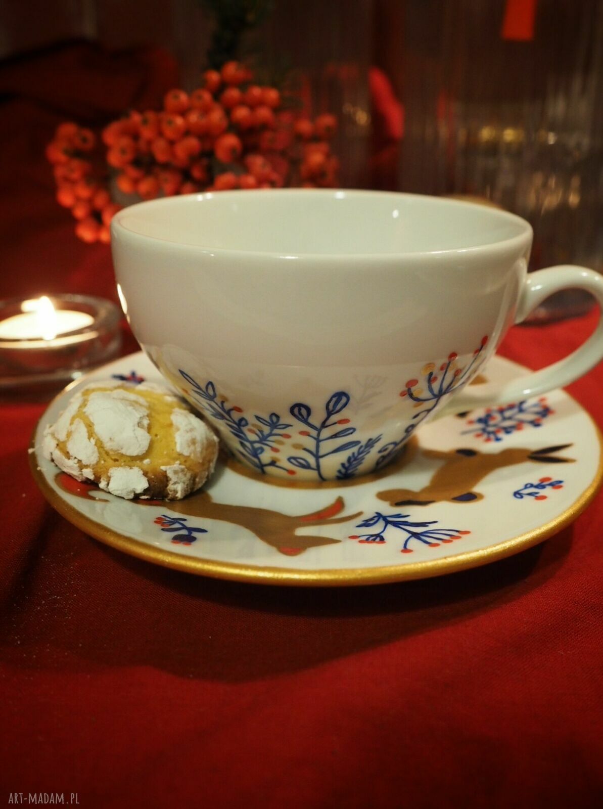 Ręcznie malowana zimowa filiżanka ze spodkiem SCANDI - porcelana 300 ml