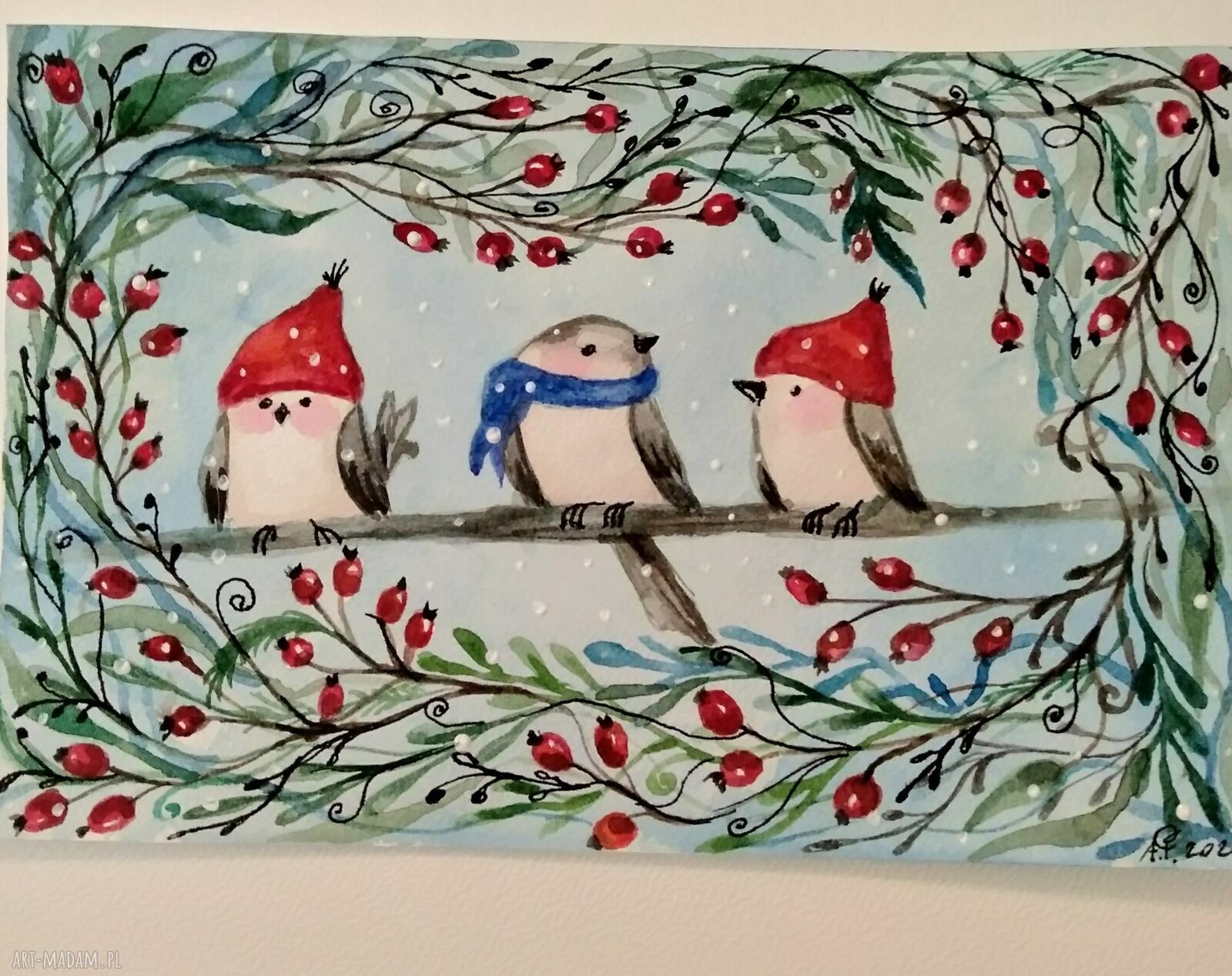 Zimowa ilustracja akwarela - ptaki w zimowej scenerii