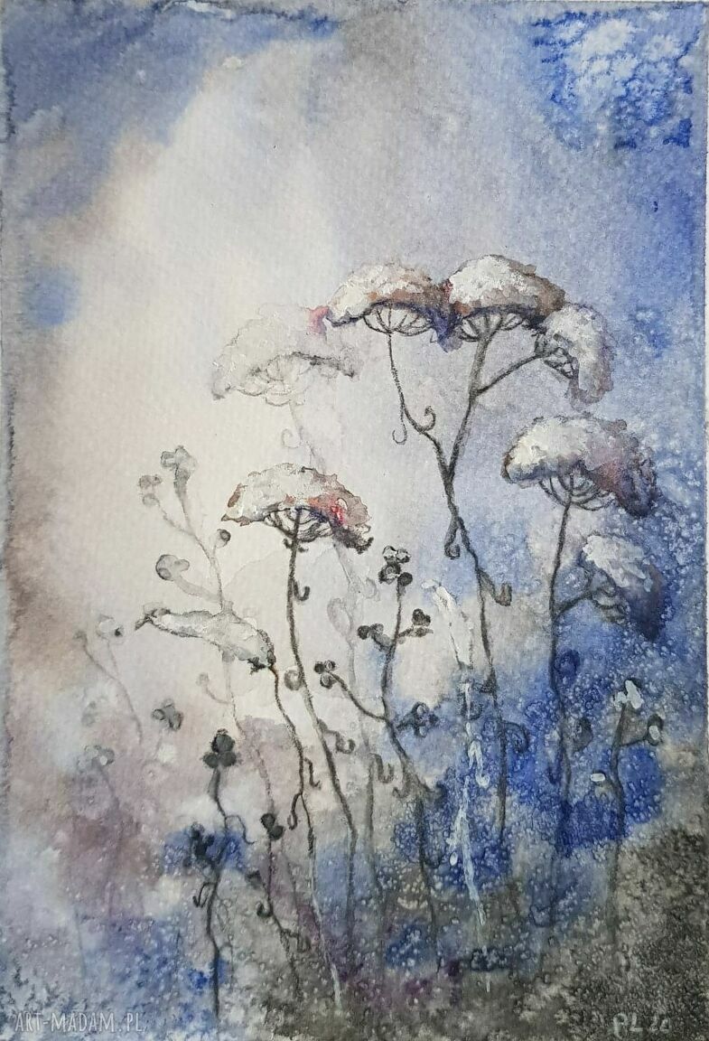 Zimowa Łąka - ręcznie malowana akwarela 12,5 x 18 cm