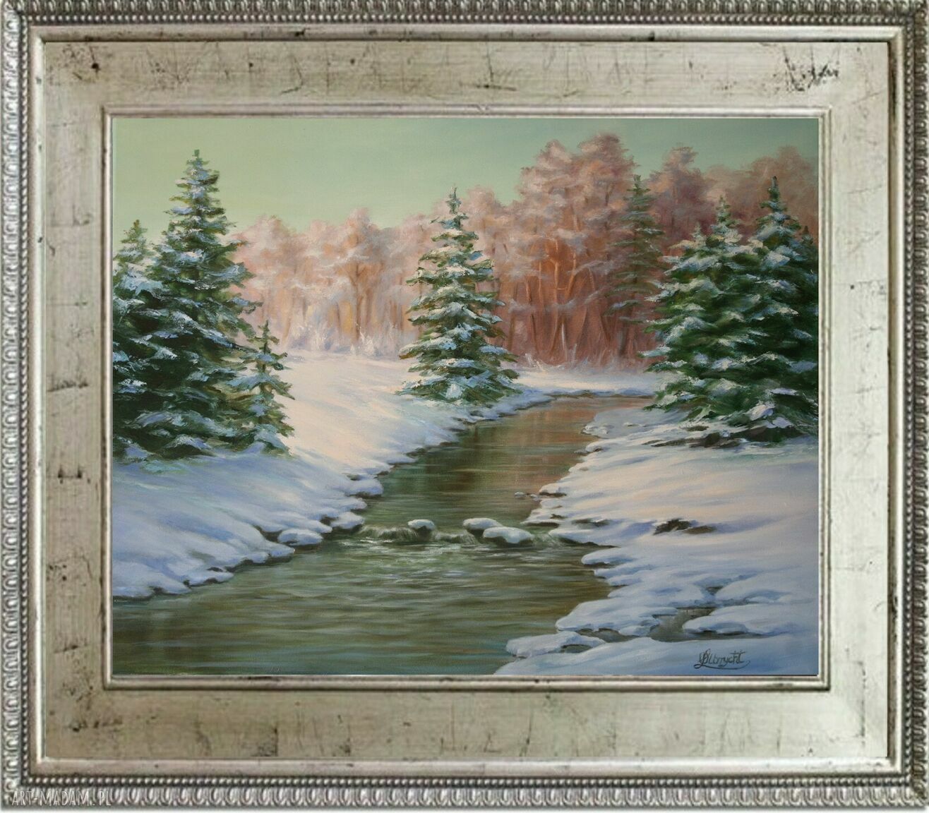 Zimowa pora w lesie - obraz olejny ręcznie malowany 60x70 cm