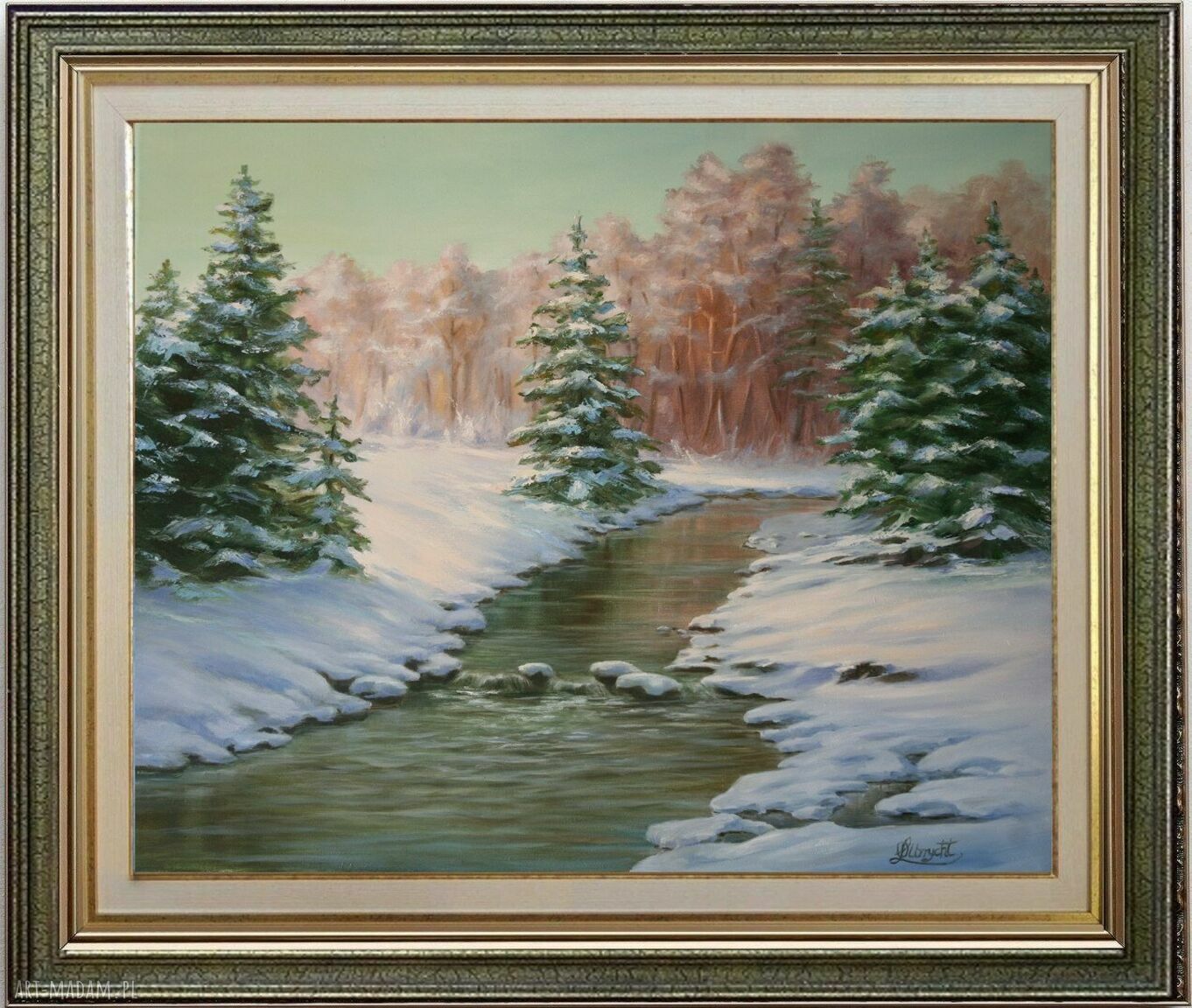 Zimowa pora w lesie - obraz olejny ręcznie malowany 60x70 cm