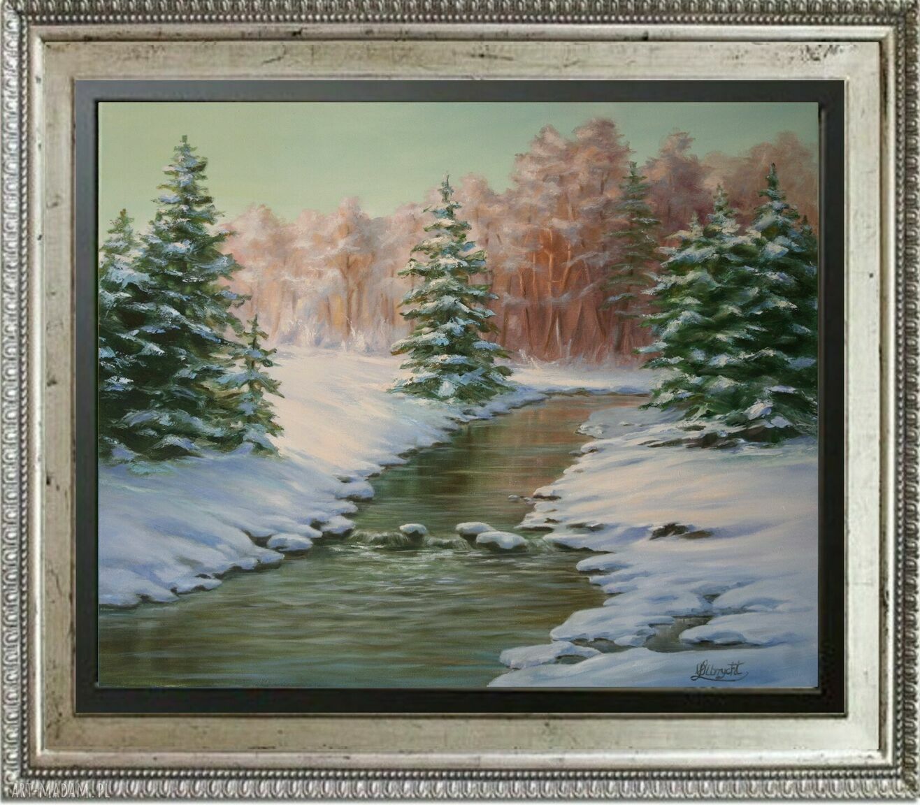 Zimowa pora w lesie - obraz olejny ręcznie malowany 60x70 cm