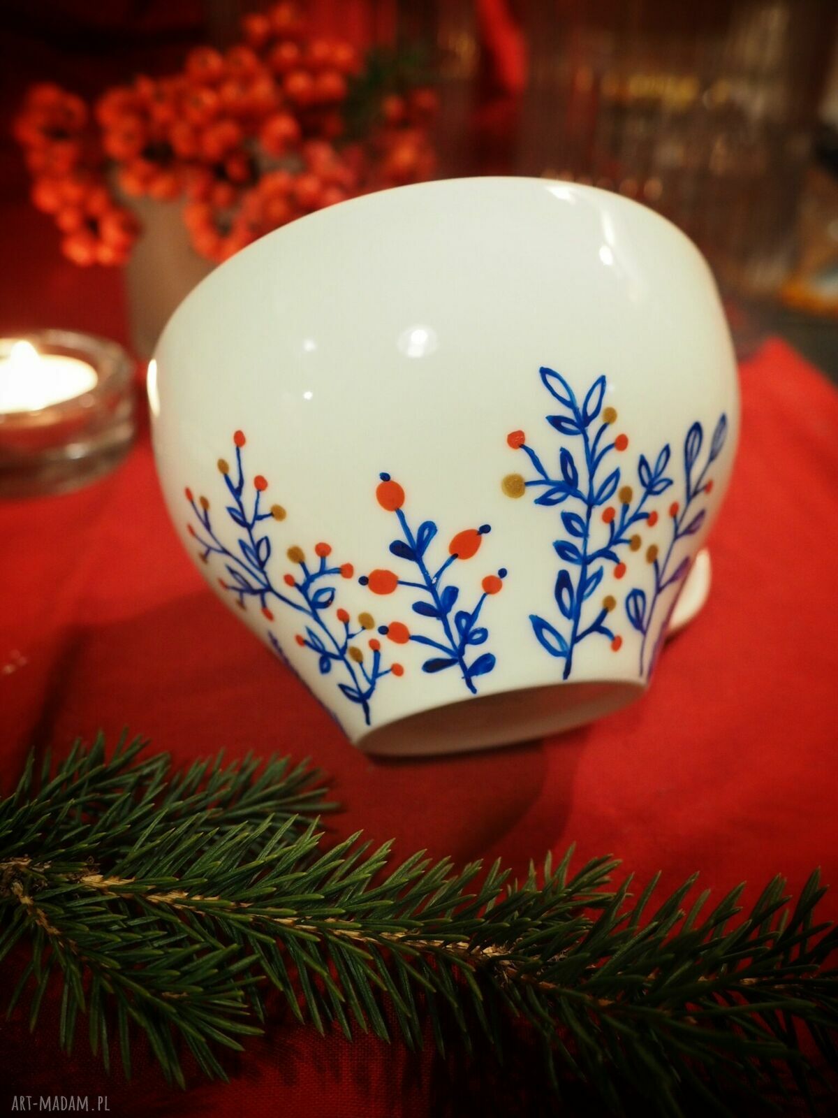 Ręcznie malowana zimowa filiżanka ze spodkiem SCANDI - porcelana 300 ml