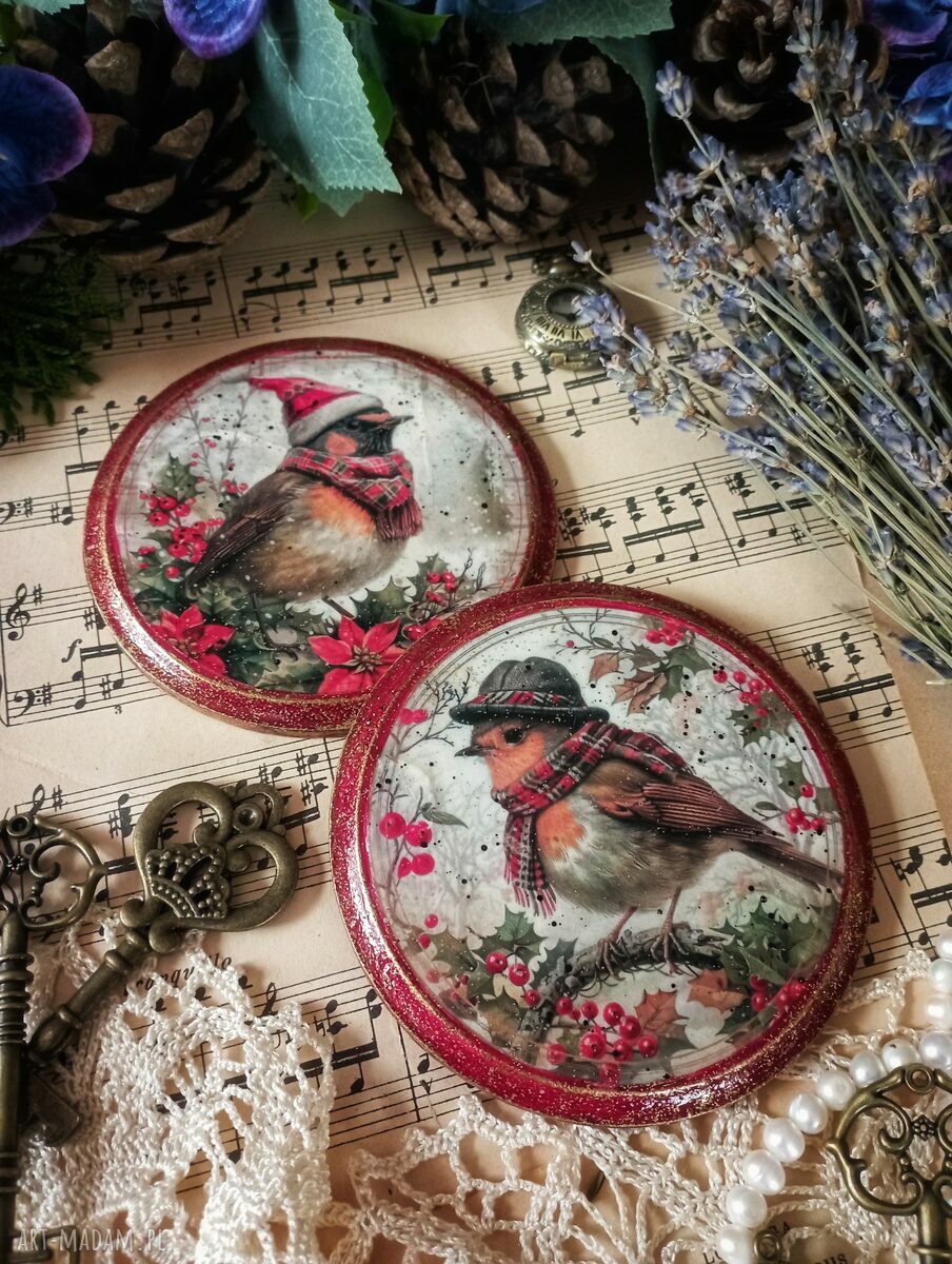 Zimowe podkładki vintage z sikorkami - komplet 2 sztuki (10 cm)