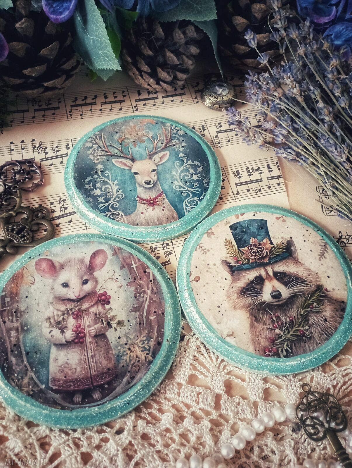 Zimowe podkładki vintage „Baśniowa Kraina” (komplet 3 szt., 10 cm)