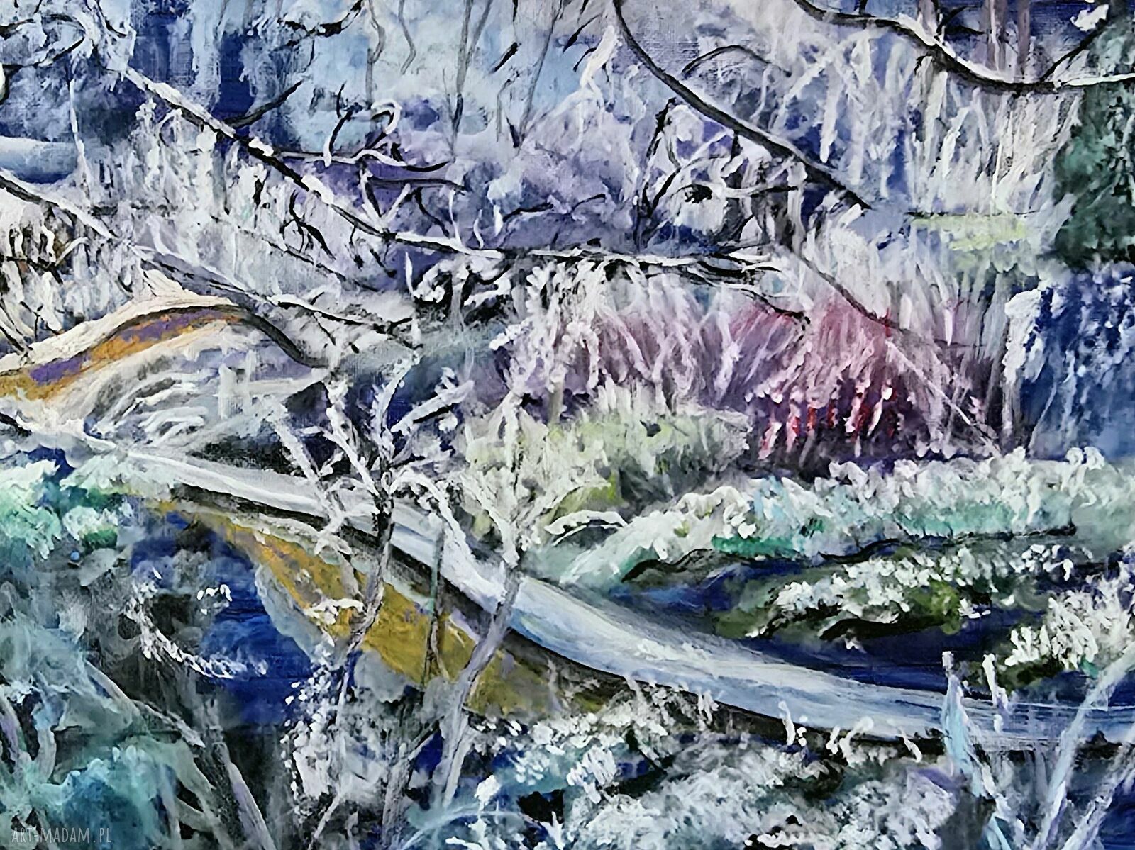 Zimowe knieje - zimowy pejzaż lasu w turkusie i srebrze 30x40 cm