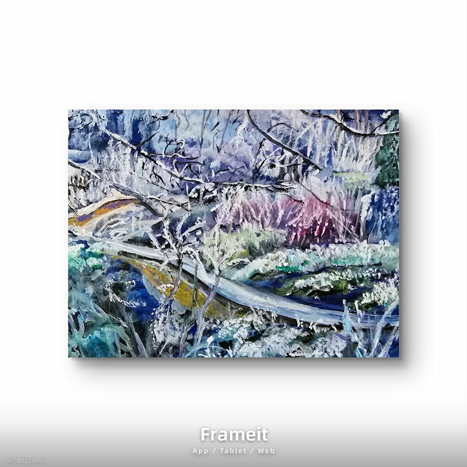 Zimowe knieje - zimowy pejzaż lasu w turkusie i srebrze (30x40 cm)